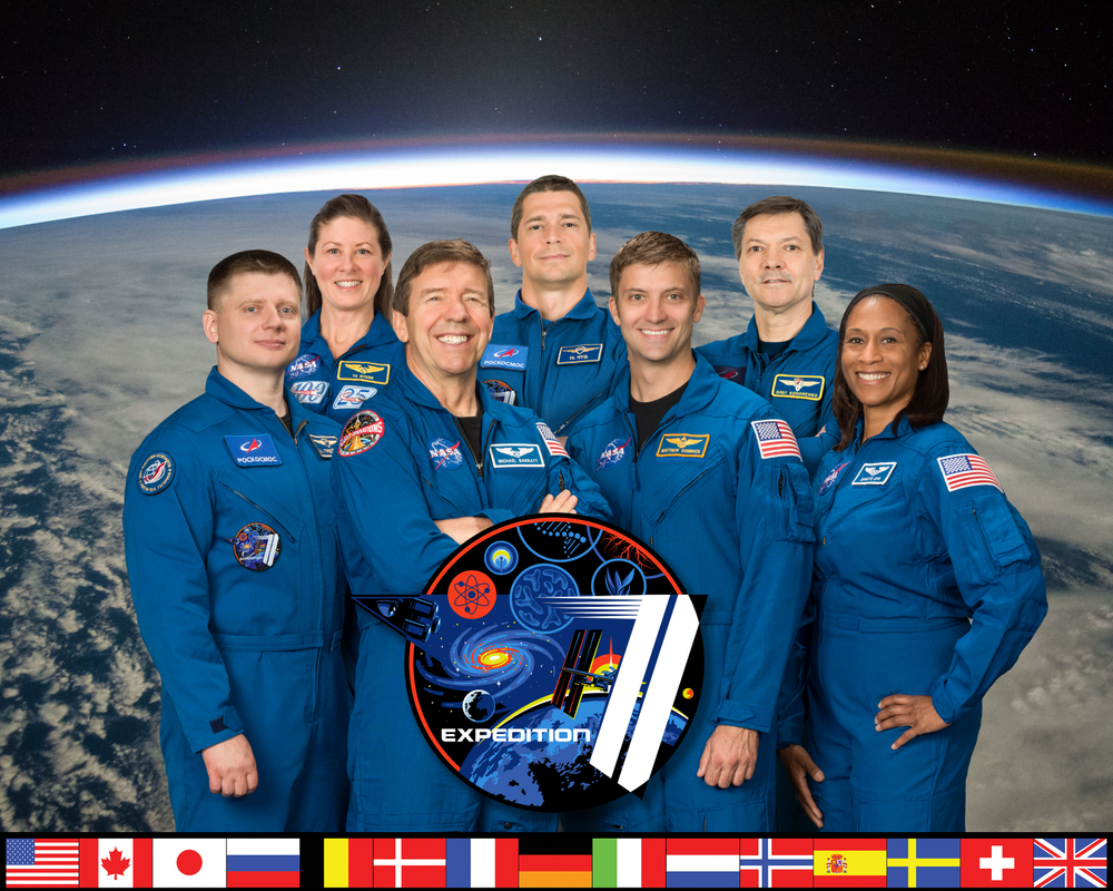 A group of seven astronauts and cosmonauts pose in blue flight suits in front of an Earth backdrop.